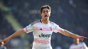 Frosinone (Italy), 23/12/2023.- Kenan Yildiz of Juventus celebrates after scoring 0-1 goal during the Serie A soccer match between Frosinone Calcio and Juventus FC at Benito Stirpe stadium in Frosinone, Italy, 23 December 2023. (Italia) EFE/EPA/FEDERICO PROIETTI
