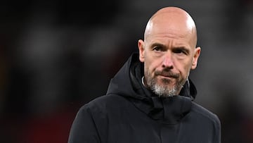 Manchester United's Dutch manager Erik ten Hag reacts after the English Premier League football match between Manchester United and Sheffield United at Old Trafford in Manchester, north west England, on April 24, 2024. (Photo by Oli SCARFF / AFP) / RESTRICTED TO EDITORIAL USE. No use with unauthorized audio, video, data, fixture lists, club/league logos or 'live' services. Online in-match use limited to 120 images. An additional 40 images may be used in extra time. No video emulation. Social media in-match use limited to 120 images. An additional 40 images may be used in extra time. No use in betting publications, games or single club/league/player publications. / 