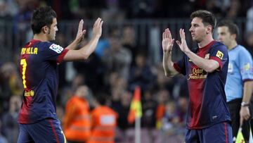 David Villa celebra un gol en el Camp Nou en 2013 junto a Leo Messi.