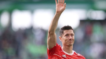 Bayern Munich forward Robert Lewandowski waves to fans after the last game of the season against Wolfsburg.