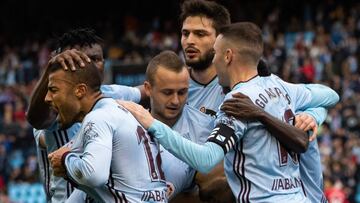 Rafinha Alc&aacute;ntara celebra con Iago Aspas, Stanislav Lobotka, Iago Aspas y Joseph Aidoo el 1-0 contra el Mallorca.