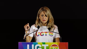 La vicepresidenta segunda y ministra de Trabajo y Economía Social, Yolanda Díaz, interviene durante la clausura de las jornadas 'Avanzamos. Las personas LGTBI en la negociación colectiva y el diálogo social', a 30 de junio de 2023, en Madrid (España). Las jornadas han sido organizadas por el área Acción LGTBI de la UGT con el fin de trasladar sus logros en materia LGTBI a la sociedad. Durante el evento participan 50 ponentes y más de 500 personas.
30 JUNIO 2023;UGT;LGTBI;PERSONAS;GENERO;NEGOCIACIÓN;ORGULLO
Eduardo Parra / Europa Press
30/06/2023