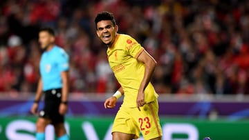 LISBON, PORTUGAL - APRIL 05: (THE SUN OUT, THE SUN ON SUNDAY OUT) Luis Diaz of Liverpool celebrates after setting up a goal for Sadio Mane of Liverpool during the UEFA Champions League Quarter Final Leg One match between SL Benfica and Liverpool FC at Estadio da Luz on April 05, 2022 in Lisbon, Portugal. (Photo by Andrew Powell/Liverpool FC via Getty Images)