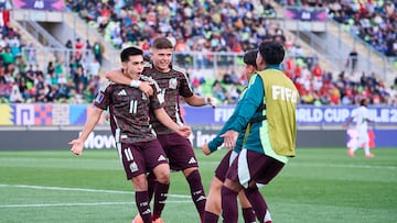 Gilberto Mora celebrates his goal 1-0 with Tahiel Jimenez of Mexico during FIFA U-20 Mens World Cup Chile 2025 match between Mexico (Mexican National Team) and Morocco as part Group-C at Elias Figueroa Brander Stadium, on October 04, 2025 in Valparaiso, Chile.