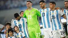 Soccer Football - International Friendly - Argentina v Panama - Estadio Monumental, Buenos Aires, Argentina - March 23, 2023 Argentina's Lionel Messi lines up with Emiliano Martinez and teammates during the national anthem before the match REUTERS/Agustin Marcarian