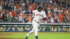 HOUSTON, TX - JULY 07:  Houston Astros designated hitter Yordan Alvarez (44) points to the home dugout after hitting a home run in the bottom of the fifth inning during the MLB game between the Kansas City Royals and Houston Astros on July 7, 2022 at Minute Maid Park in Houston, Texas.  (Photo by Leslie Plaza Johnson/Icon Sportswire via Getty Images)