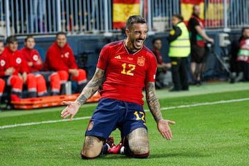 Joselu Mato of Spain celebrates his goal during the European Qualifiers match between Spain v Norway played at La Rosaleda Stadium on March 25, 2023, in Malaga, Spain. (Photo by Antonio Pozo / Pressinphoto / Icon Sport)
