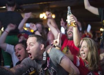 Seguidores de los Chicago Blackhawks celebran la victoria de su equipo en la final de la NHL.