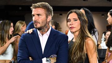 Inter Miami's co-owner David Beckham and his wife, English fashion designer Victoria Beckham look on ahead of the round of 32 Leagues Cup football match between Inter Miami CF and Orlando City SC at DRV PNK Stadium in Fort Lauderdale, Florida, on August 2, 2023. (Photo by CHANDAN KHANNA / AFP)