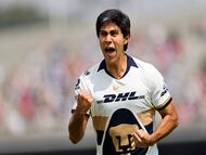Pumas' forward #11 Jose Juan Macias celebrates scoring the opening goal during the Liga MX Apertura tournament football match between Pumas and Tijuana at the Olimpico Universitario Stadium in Mexico City on November 2, 2025. (Photo by Rodrigo Oropeza / AFP)