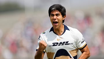 Pumas' forward #11 Jose Juan Macias celebrates scoring the opening goal during the Liga MX Apertura tournament football match between Pumas and Tijuana at the Olimpico Universitario Stadium in Mexico City on November 2, 2025. (Photo by Rodrigo Oropeza / AFP)