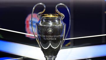 This photograph shows the UEFA Champions League trophy during the draw for the group stage of the 2024-2025 UEFA Champions League football tournament, at the Grimaldi Forum in Monaco on August 29, 2024. (Photo by Valery HACHE / AFP)