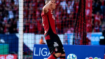 Atlas' Montenegrin forward #32 Uros Djurdjevic celebrates scoring the opening goal during the Liga MX Clausura tournament football match between Atlas and Mazatlan at Jalisco Stadium in Guadalajara, Mexico, on January 31, 2026. (Photo by Ulises Ruiz / AFP)