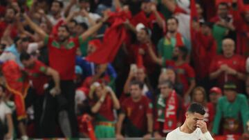 Portugal's forward #07 Cristiano Ronaldo looks dejected as he leaves the pitch after Morocco won the Qatar 2022 World Cup quarter-final football match between Morocco and Portugal at the Al-Thumama Stadium in Doha on December 10, 2022. (Photo by KARIM JAAFAR / AFP) (Photo by KARIM JAAFAR/AFP via Getty Images)