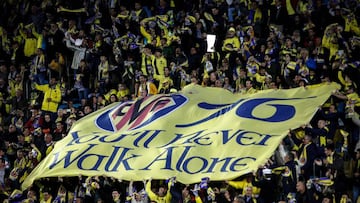 Villarreal supporters unfold a banner during the UEFA Europa League semifinal first leg football match Villarreal CF vs Liverpool FC at El Madrigal stadium in Vila-real on April 28, 2016. 