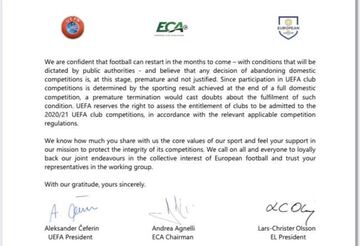 La carta firmada por la UEFA, la ECA y la Asociaci&oacute;n de las Ligas  Europeas.