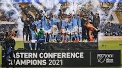 New York City FC celebrate after beating the Philadelphia Union to win the Eastern Conference Finals of the 2021 MLS Playoffs at Subaru Park.