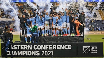 New York City FC celebrate after beating the Philadelphia Union to win the Eastern Conference Finals of the 2021 MLS Playoffs at Subaru Park.