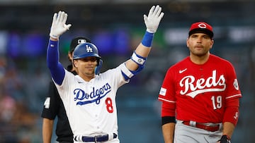 LOS ANGELES, CALIFORNIA - JULY 28: Enrique Hernandez #8 of the Los Angeles Dodgers after hitting a double against the Cincinnati Reds in the second inning at Dodger Stadium on July 28, 2023 in Los Angeles, California.   Ronald Martinez/Getty Images/AFP (Photo by RONALD MARTINEZ / GETTY IMAGES NORTH AMERICA / Getty Images via AFP)