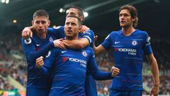 NEWCASTLE UPON TYNE, ENGLAND - AUGUST 26: Eden Hazard of Chelsea celebrates scoring the opening goal during the Premier League match between Newcastle United and Chelsea FC at St. James Park on August 26, 2018 in Newcastle upon Tyne, United Kingdom. (Phot