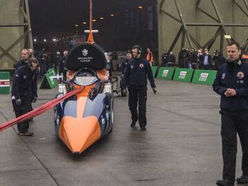 NEWQUAY, ENGLAND - OCTOBER 26:  The Bloodhound supersonic car, driven by Royal Air Force Wing Commander Andy Green, is prepared for a test run at the airport on October 26, 2017 in Newquay, England. The Bloodhound supersonic car is taking part in its first high speed trials today and aims to break the current world land speed record in South Africa in 2019.  (Photo by Carl Court/Getty Images)