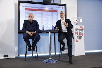 Javier Tebas y Javier Gómez, durante la presentación de los límites salariales 2023-24.