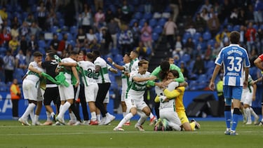 El Elche ganó 0-4 al Deportivo de la Coruña y certifica así su vuelta a Primera División. Jugadores y cuerpo técnico celebran el ascenso.