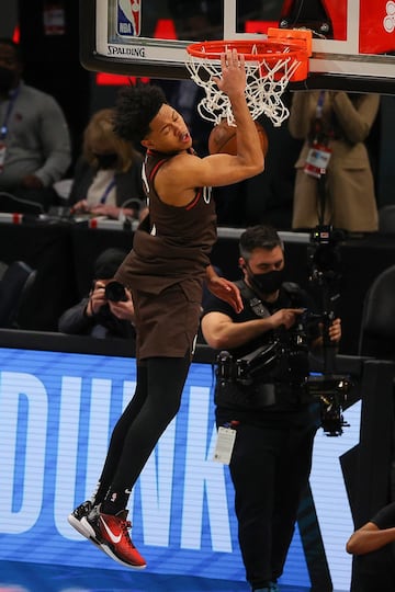 Anfernee Simons of the Portland Trail Blazers competes in the 2021 NBA All-Star - AT&T Slam Dunk Contest during All-Star.