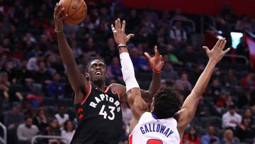 DETROIT, MICHIGAN - JANUARY 31: Pascal Siakam #43 of the Toronto Raptors drives to the basket against Langston Galloway #9 of the Detroit Pistons during the second half at Little Caesars Arena on January 31, 2020 in Detroit, Michigan. Toronto won the game 105-92.NOTE TO USER: User expressly acknowledges and agrees that, by downloading and or using this photograph, User is consenting to the terms and conditions of the Getty Images License Agreement.   Gregory Shamus/Getty Images/AFP
 == FOR NEWSPAPERS, INTERNET, TELCOS &amp; TELEVISION USE ONLY ==