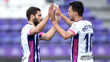 VALLADOLID, SPAIN - MAY 02: Oscar Plano (R) of Real Valladolid celebrates with team mate Shon Weissman after scoring a goal that was disallowed after a VAR decision during the La Liga Santander match between Real Valladolid CF and Real Betis at Estadio Mu