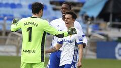 Franc&eacute;s, Jair y Cristian &Aacute;lvarez celebran la victoria contra el Almer&iacute;a.