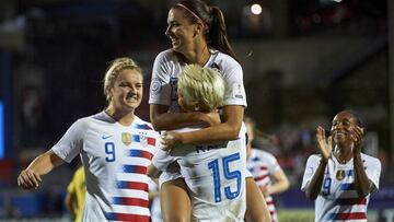 FRISCO, TX - OCTOBER 14:  Alex Morgan #13 of the United States celebrates after scoring a goal against Jamaica during the first half of the CONCACAF Women&#039;s Championship semi-finals on October 14, 2018 in Frisco, Texas.  (Photo by Cooper Neill/Getty Images)