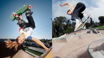 Las skaters Brighton Zeuner y Nora Vasconcellos volando con su skate en rampas de Vert y de un skatepark.