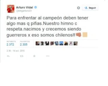 Arturo Vidal criticó las pifias que recibió el himno chileno en Lima.