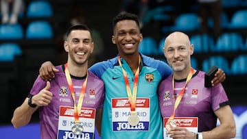 Podio del Nacional indoor 2023 celebrado el 19 de febrero en Gallur (Madrid): Pablo Torrijos (plata), Jordan Díaz (oro) y José Emilio Bellido (bronce).