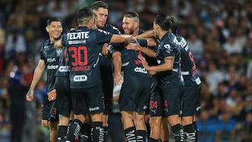 Iker Fimbres celebrates his goal 0-2 with Lucas Ocampos of Monterrey during the 12th round match between Pumas UNAM and Monterrey as part of the Liga BBVA MX, Torneo Clausura 2025 at Olimpico Universitario Stadium, on March 16, 2025 in Mexico City, Mexico.