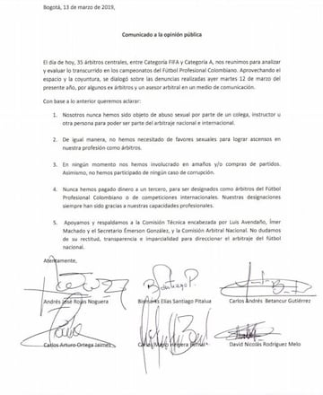 Comunicado oficial de los árbitros sobre acusaciones.