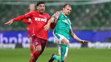 BREMEN, GERMANY - NOVEMBER 06: Dimitris Limnios of 1. FC Koln battles for possession with Christian Gross of SV Werder Bremen during the Bundesliga match between SV Werder Bremen and 1. FC Koeln at Wohninvest Weserstadion on November 06, 2020 in Bremen, G