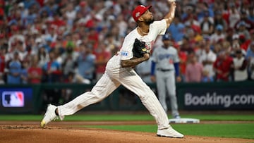 Oct 4, 2025; Philadelphia, Pennsylvania, USA; Philadelphia Phillies pitcher Cristopher Sanchez (61) pitches against the Los Angeles Dodgers in the first inning during game one of the NLDS round for the 2025 MLB playoffs at Citizens Bank Park. Mandatory Credit: Eric Hartline-Imagn Images