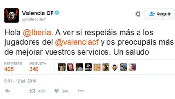 El Valencia pide respeto a Iberia por tuitear sobre sus jugadores