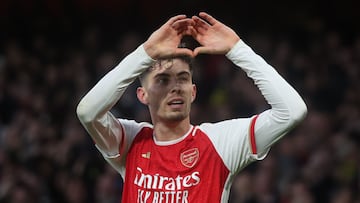 London (United Kingdom), 17/12/2023.- Arsenal'Äôs Kai Havertz celebrates after he scores the 2-0 goal during the English Premier League soccer match between Arsenal FC and Brighton & Hove Albion, in London, Britain, 17 December 2023. (Reino Unido, Londres) EFE/EPA/NEIL HALL EDITORIAL USE ONLY. No use with unauthorized audio, video, data, fixture lists, club/league logos, 'live' services or NFTs. Online in-match use limited to 120 images, no video emulation. No use in betting, games or single club/league/player publications.
