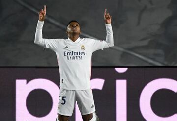 Real Madrid's Brazilian forward Rodrygo celebrates his goal during the UEFA Champions League group B football match between Real Madrid and Inter Milan at the Alfredo di Stefano stadium in Valdebebas, on the outskirts of Madrid, on November 3, 2020. (Phot