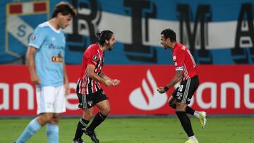 LIMA, PERU - APRIL 20: Martin Benitez of Sao Paulo celebrates with Dani Alves after scoring the second goal of his team during a match between Sporting Cristal and Sao Paulo as part of Group E of Copa CONMEBOL Libertadores 2021 at Estadio Nacional de Lima