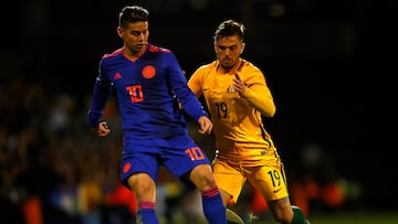LONDON, ENGLAND - MARCH 27: James Rodriguez of Colombia in action with Josh Risdon of Australia during the International Friendly match between Australia and Colombia at Craven Cottage on March 27, 2018 in London, England. (Photo by Julian Finney/Getty Images)