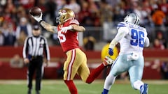 SANTA CLARA, CALIFORNIA - JANUARY 22: George Kittle #85 of the San Francisco 49ers catches a pass against the Dallas Cowboys during the third quarter in the NFC Divisional Playoff game at Levi's Stadium on January 22, 2023 in Santa Clara, California.   Lachlan Cunningham/Getty Images/AFP (Photo by Lachlan Cunningham / GETTY IMAGES NORTH AMERICA / Getty Images via AFP)