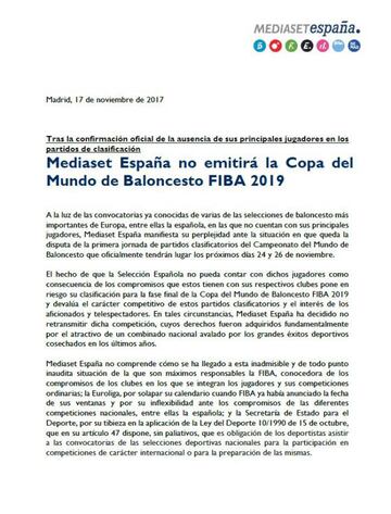 Comunicado oficial: Mediaset España no emitirá la Copa del Mundo de Baloncesto FIBA 2019