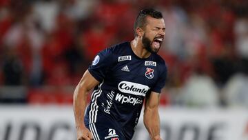 AMDEP7988. CALI (COLOMBIA), 16/03/2022.- Andres Cadavid de DIM celebra al ganar la serie de penaltis, en un partido de la Copa Sudamericana entre América y Deportivo Independiente Medellín (DIM) en el estadio Pascual Guerrero en Cali (Colombia). EFE/Ernesto Guzmán Jr.