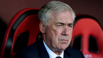 Real Madrid's Italian coach Carlo Ancelotti is pictured before the Spanish league football match between Sevilla FC and Real Madrid CF at Ramon Sanchez Pizjuan Stadium in Seville on May 18, 2025. (Photo by CRISTINA QUICLER / AFP)