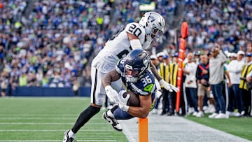 SEATTLE, WASHINGTON - AUGUST 7: George Holani #36 of the Seattle Seahawks dives for a touchdown during the first quarter of the NFL Preseason 2025 game against the Las Vegas Raiders at Lumen Field on August 7, 2025 in Seattle, Washington. Jane Gershovich/Getty Images/AFP (Photo by Jane Gershovich / GETTY IMAGES NORTH AMERICA / Getty Images via AFP)