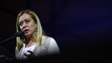 Giorgia Meloni, leader of Brothers of Italy, speaks during a general election campaign rally by a right-wing coalition made up of Brothers of Italy, Forza Italia, and League parties, in Rome, Italy, on Thursday, Sept. 22, 2022. Italy's right-wing coalition would not seek an overhaul of the country's plan for spending European Union recovery funds, a leading member of the alliance said as investors closely watch Sunday's elections. Photographer: Alessia Pierdomenico/Bloomberg via Getty Images